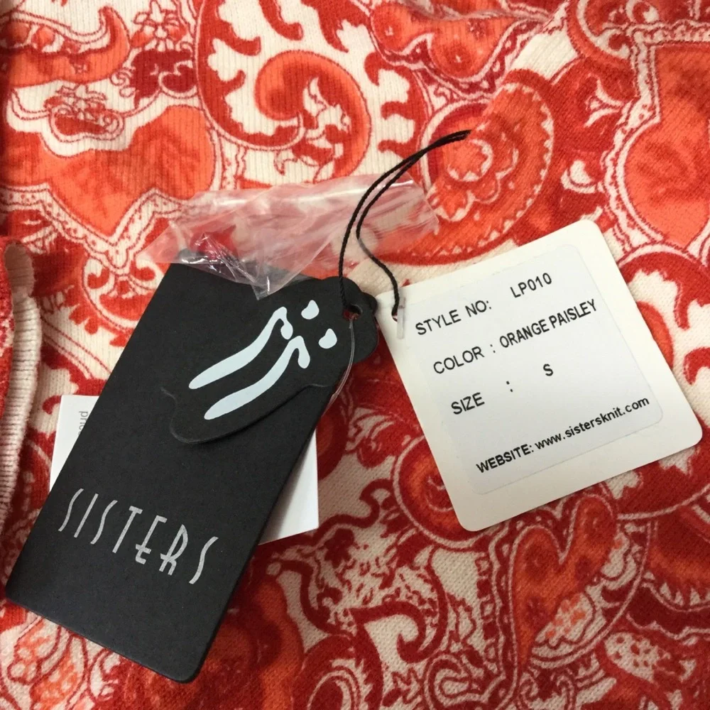 SISTERS sz Small Cardigan Long Sleeves Paisley Orange White NWT
